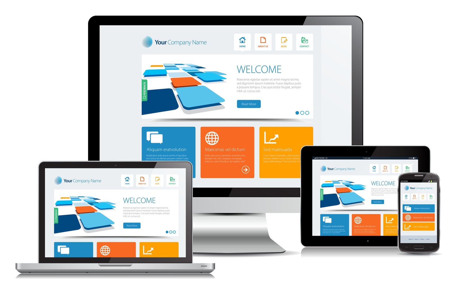 Tavole grafiche su carta accanto a un template Joomla sullo schermo: due metodi di progettazione web