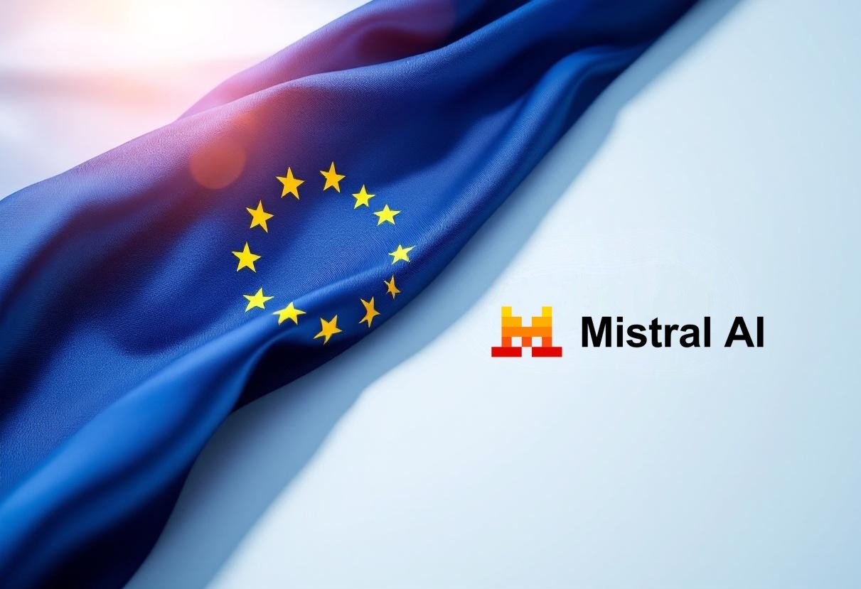 Bandiera europea sovrapposta a flussi di dati digitali: sovranità digitale e intelligenza artificiale